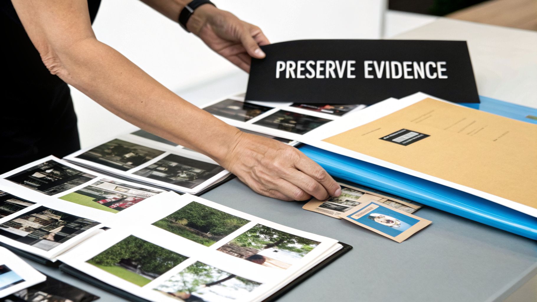 Hands review numerous printed evidence photos on a table, holding a 'PRESERVE EVIDENCE' sign.