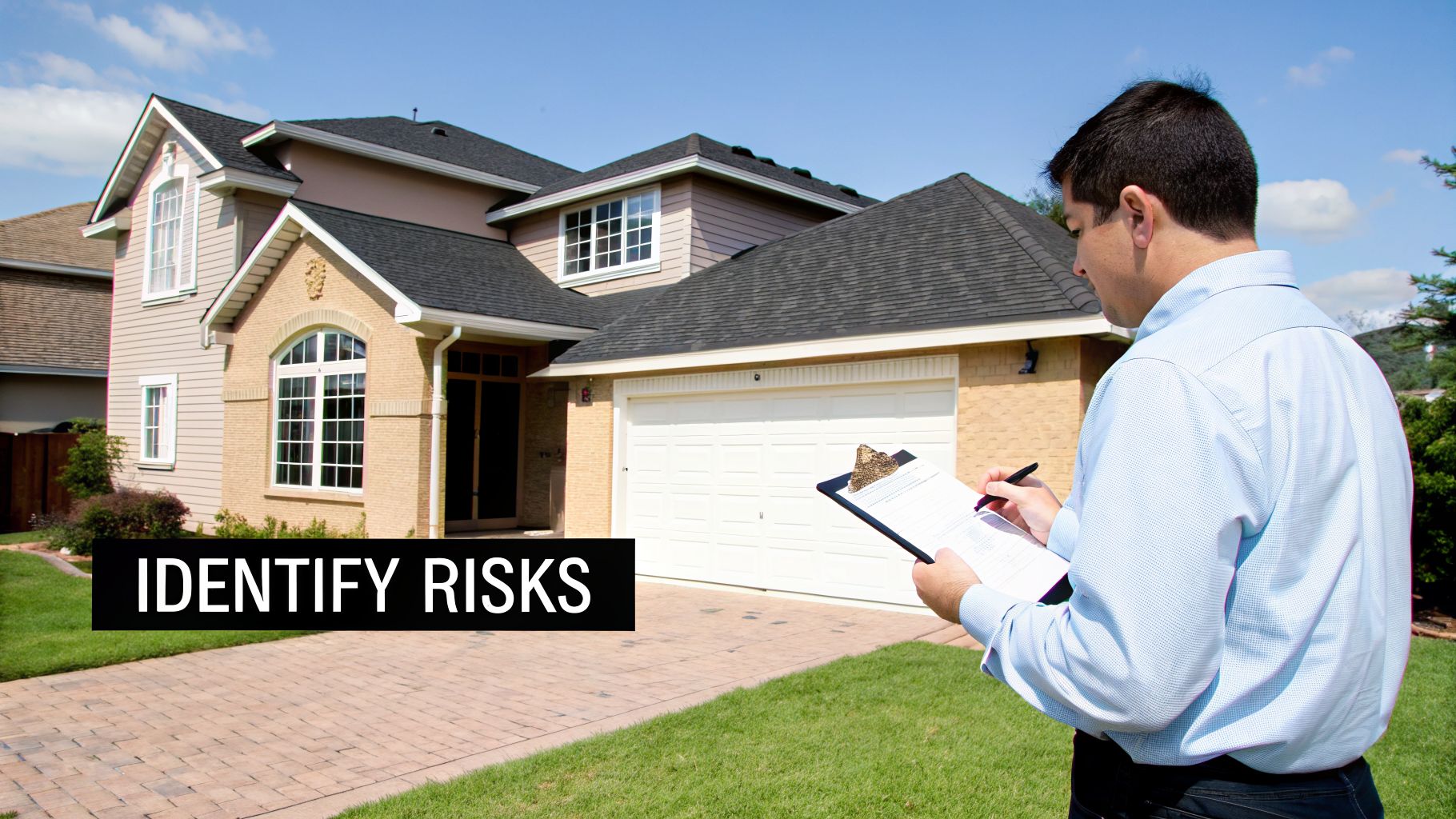 A home inspector reviewing documents in front of a residential house to identify risks.
