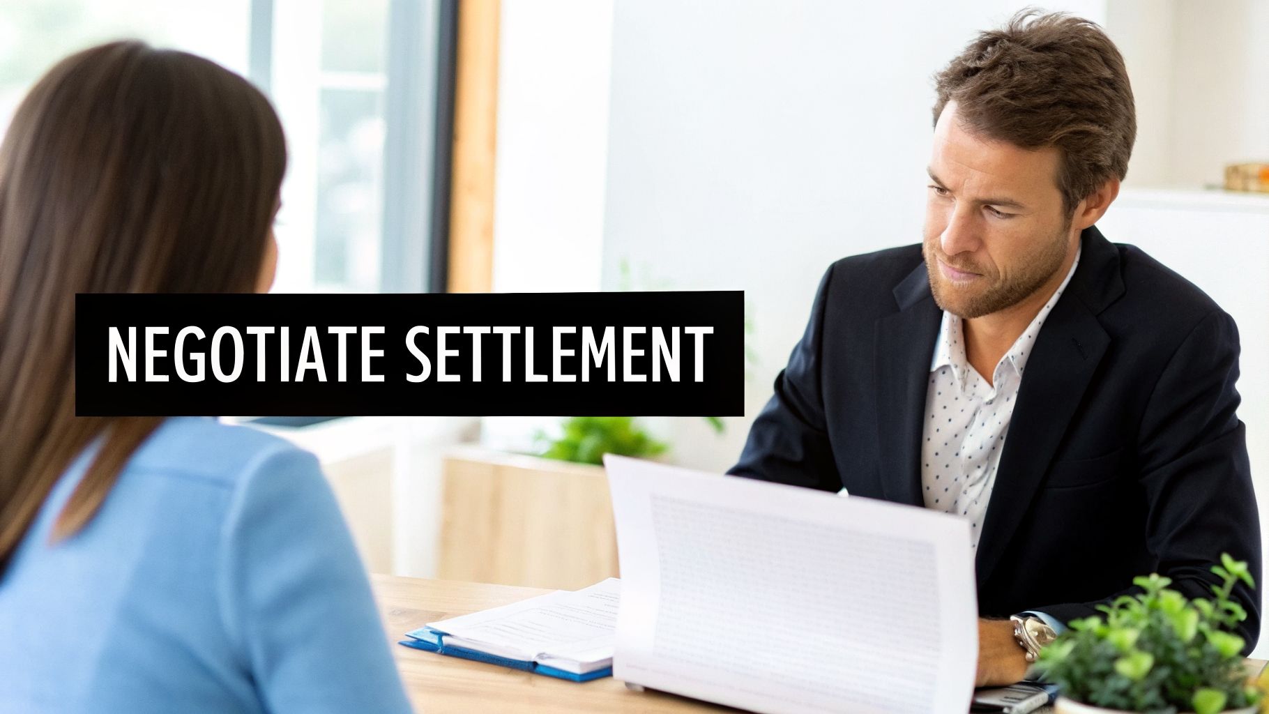 Two professionals, a man and a woman, discuss a business settlement in an office setting.