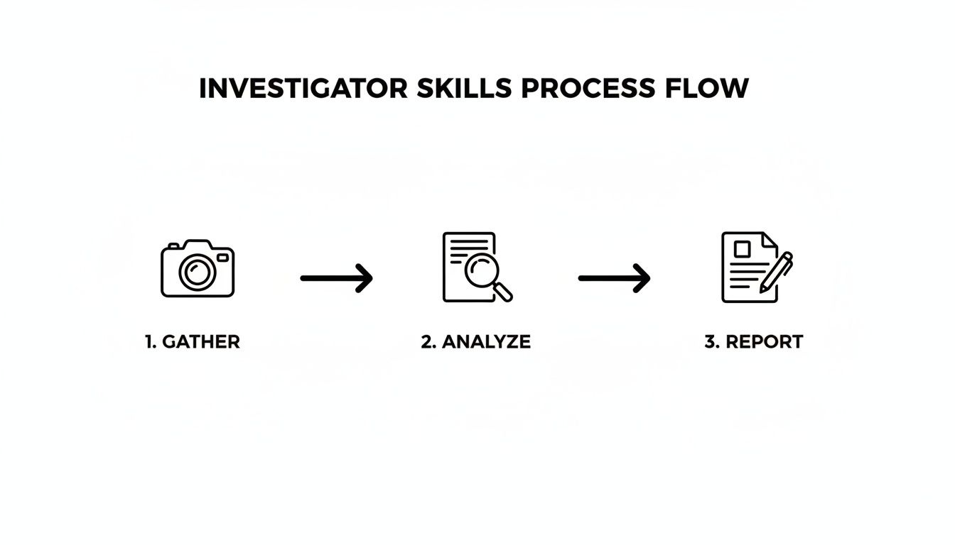 A diagram illustrating the three-step investigator skills process: gather, analyze, and report.