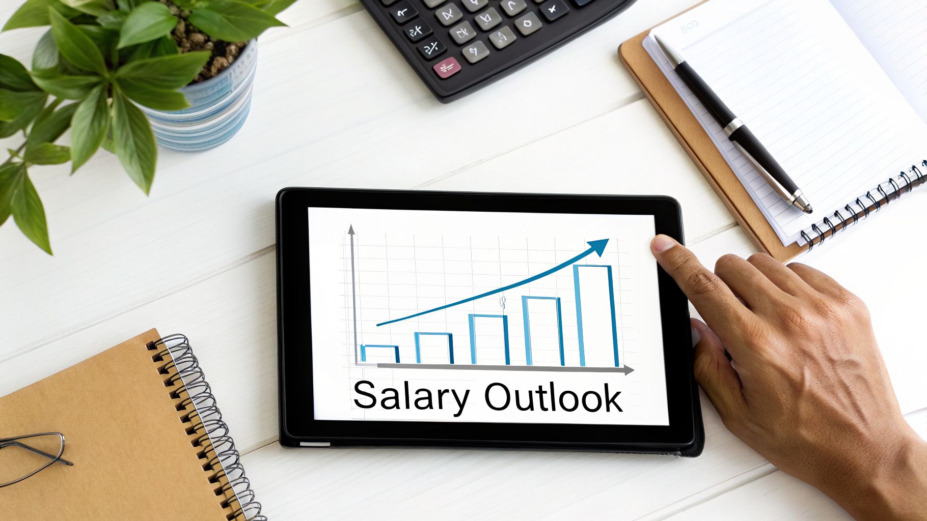 A hand touches a tablet showing a "Salary Outlook" growth graph on a white desk with office supplies.
