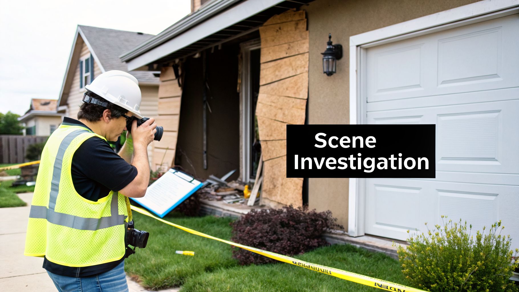 An accident investigator in a hard hat and safety vest photographs a damaged house marked with caution tape.