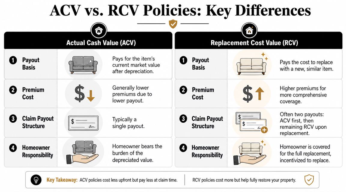 A comparison chart showing the key differences between Actual Cash Value and Replacement Cost Value insurance policies.