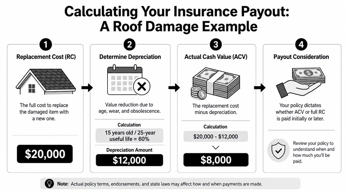 An infographic showing the four-step calculation process of actual cash value versus replacement cost for insurance.