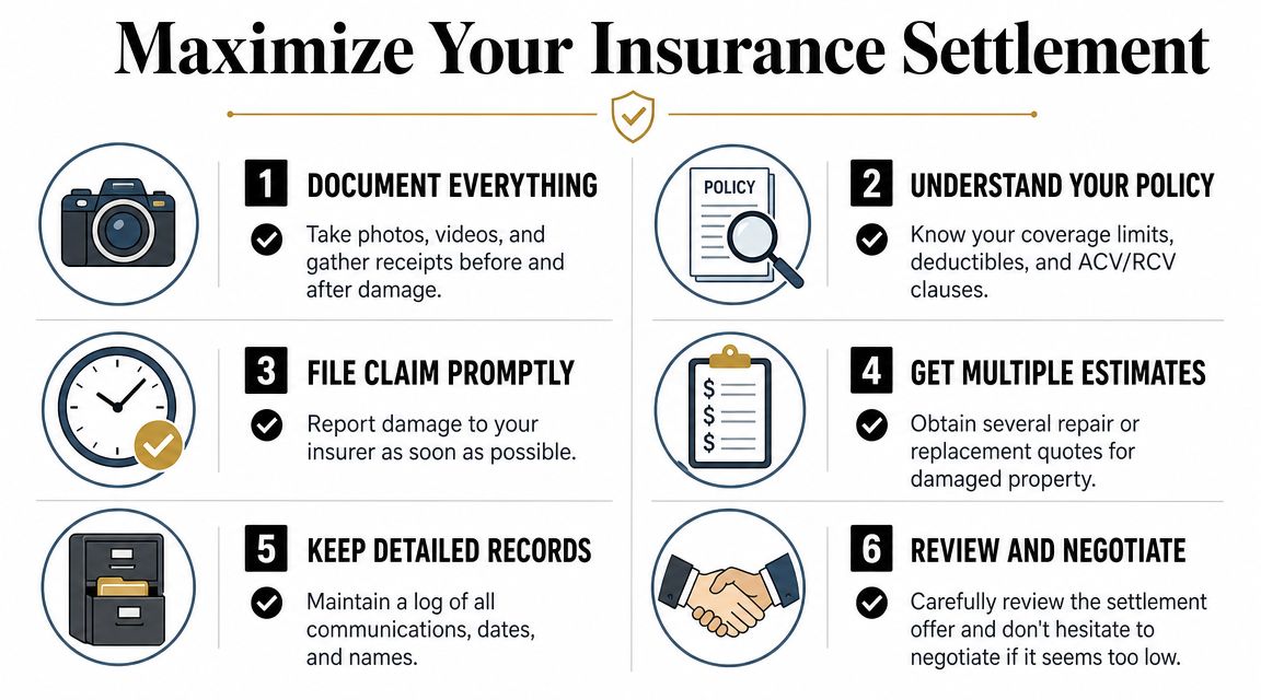 An infographic titled Maximize Your Insurance Settlement listing six essential steps for handling insurance claims successfully.