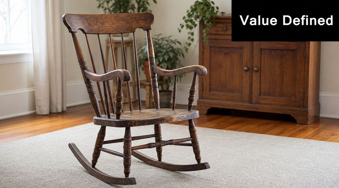 A classic wooden rocking chair sits on a neutral rug in a cozy, traditionally decorated living room.