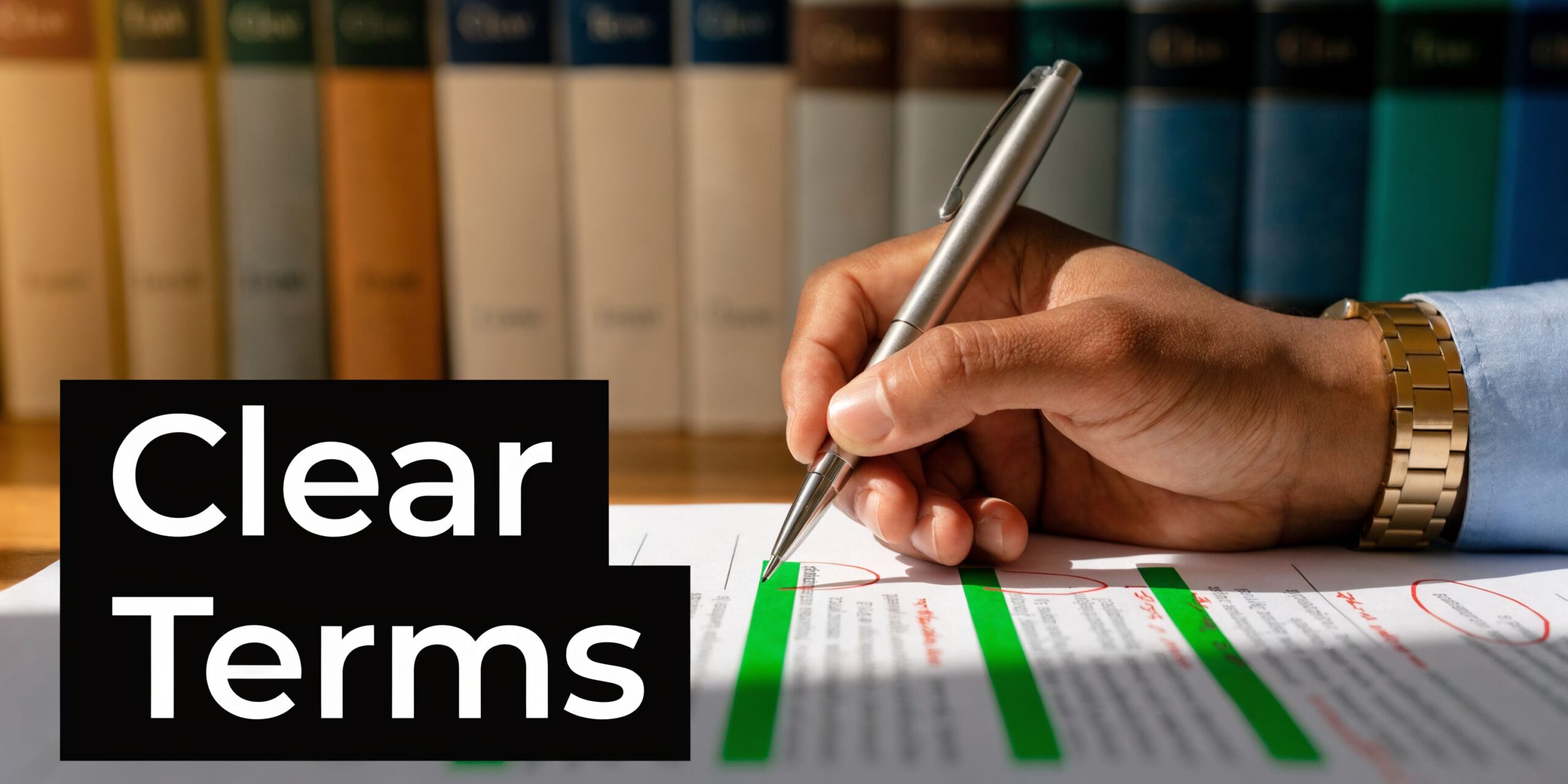 A person signing a legal document on a desk with books in the background for clear terms.