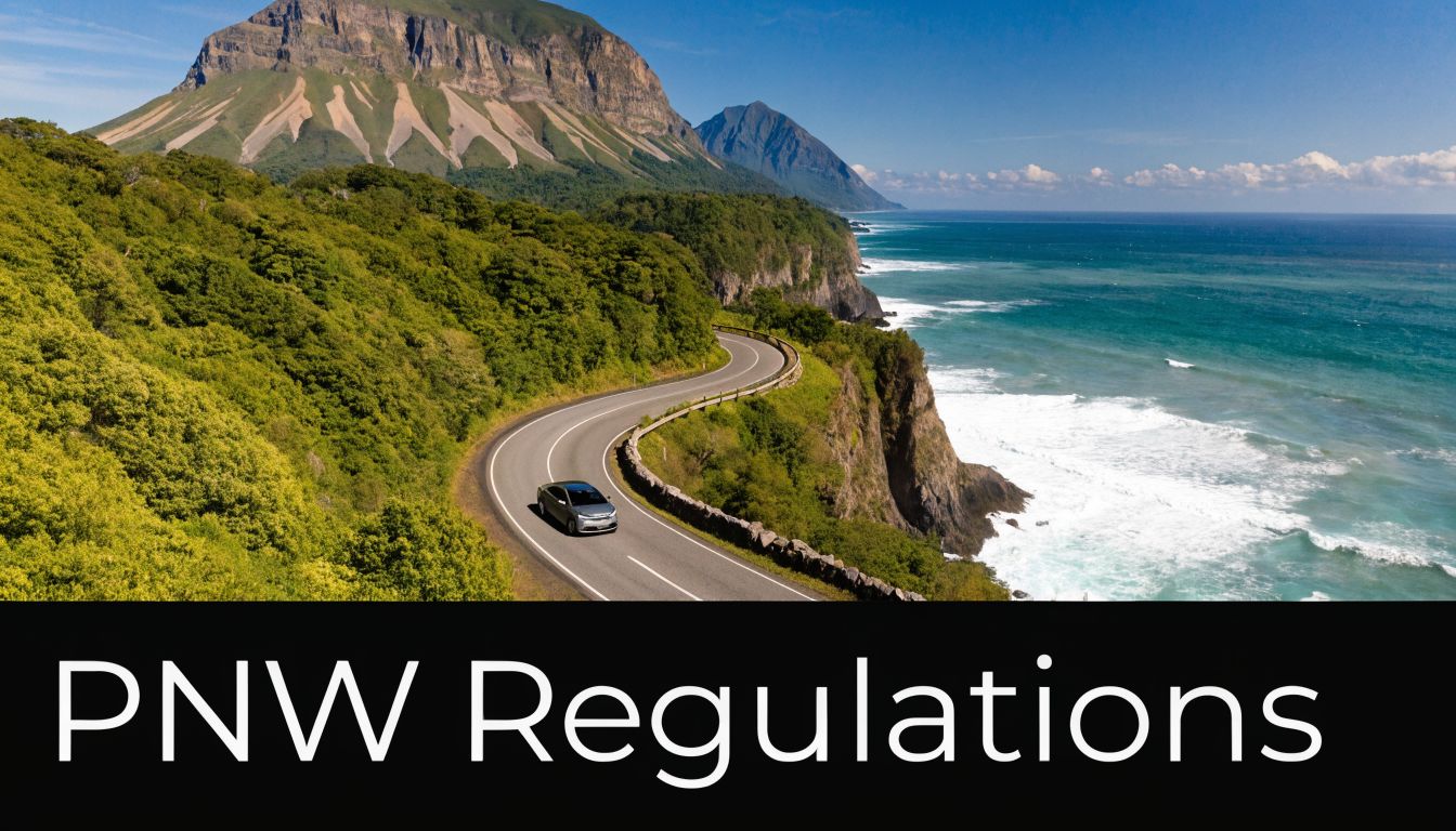 A car drives along a scenic coastal highway nestled between green forested cliffs and the ocean.
