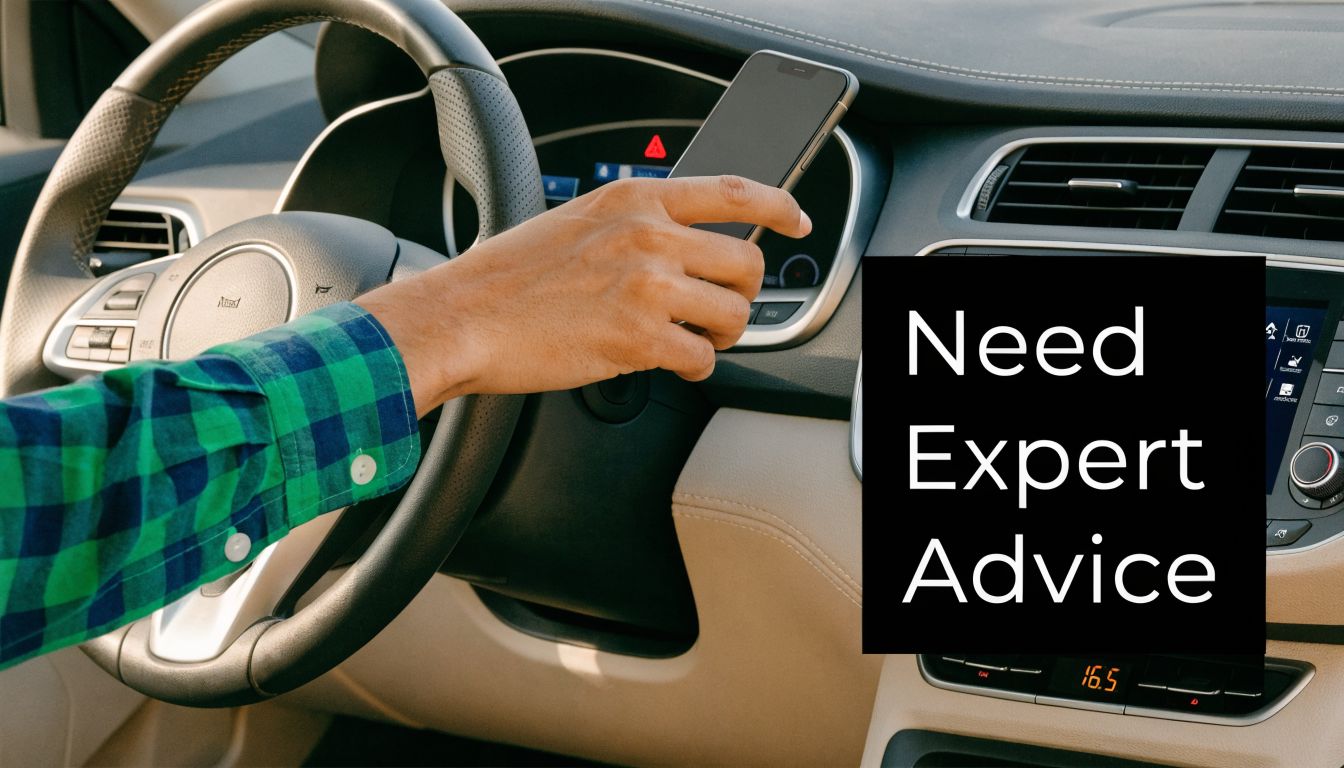 A driver holding a smartphone while seated in the driver seat of a modern vehicle.