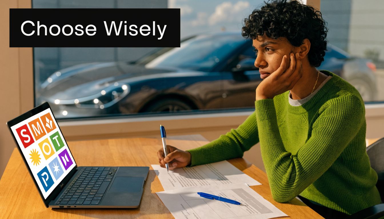 A person writing at a desk with a laptop displaying a SWOT analysis icon graphic.