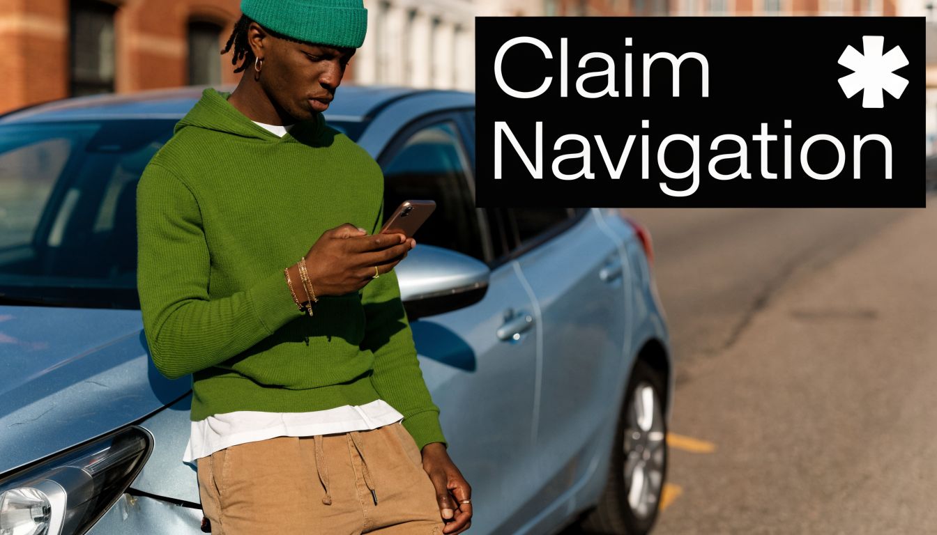 A young man wearing a green beanie and sweater using his smartphone while standing by a blue car.