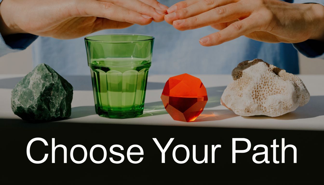Hands hovering over a glass of water, crystals, and a stone, suggesting a choice of path.