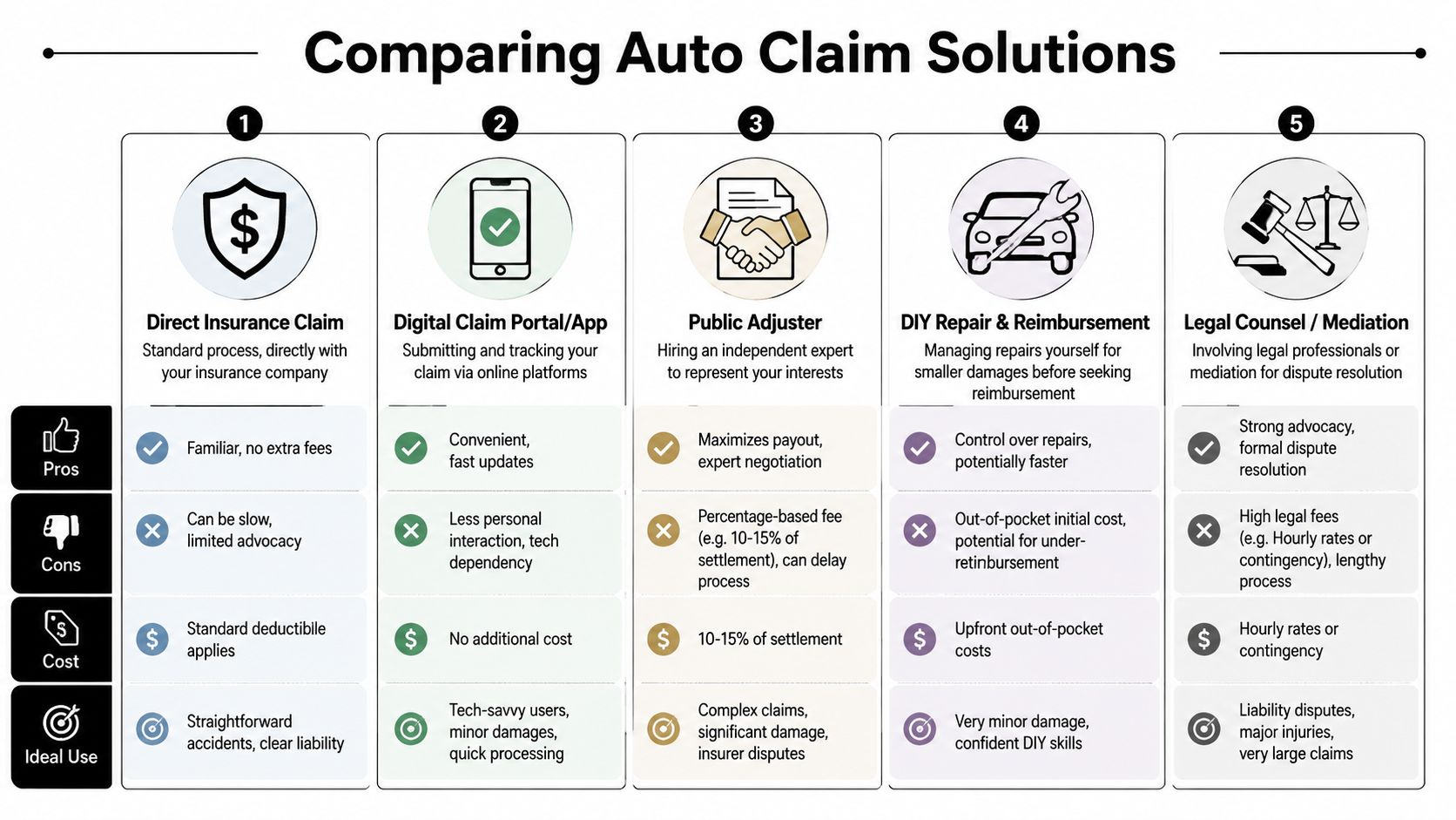 A comparison chart outlining five different methods for handling auto insurance claims with pros, cons, costs, and ideal usage.