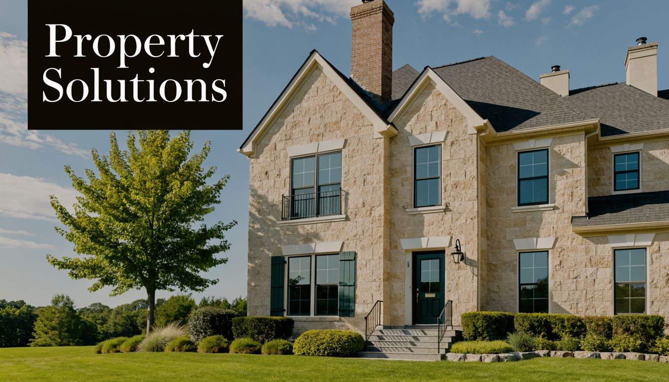 A luxurious tan stone residential home with a green front door and landscaping on a sunny day.