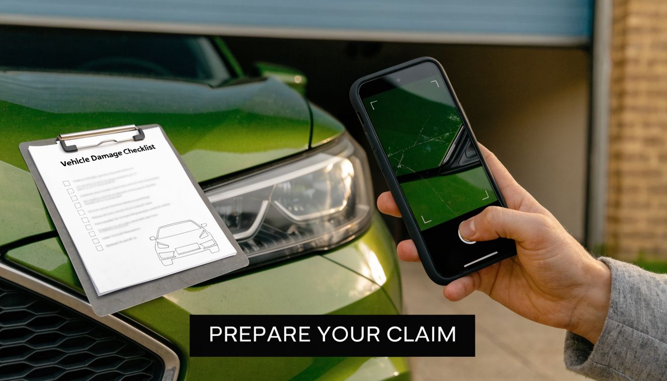 A person uses a smartphone to take a picture of car damage alongside a vehicle damage checklist.