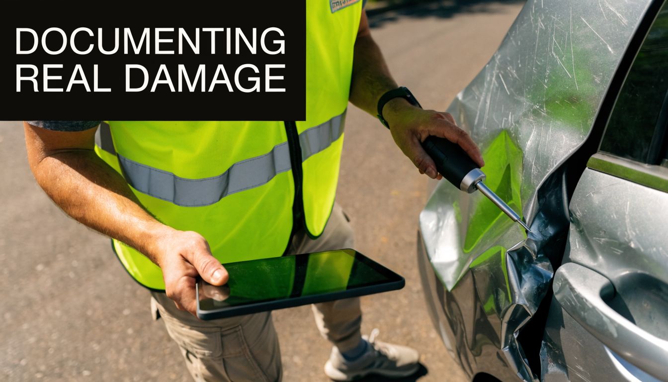 A car damage adjuster in a reflective vest inspecting vehicle body damage with a digital tablet.