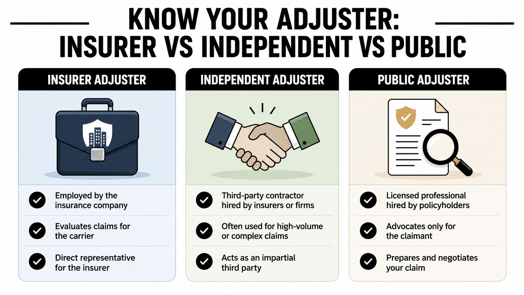 A comparison chart showing the differences between insurer, independent, and public insurance adjusters and their roles.