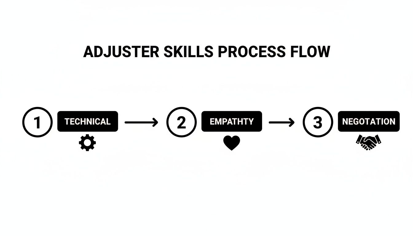 A process flow diagram illustrating the three essential skills for an adjuster: technical, empathy, and negotiation.