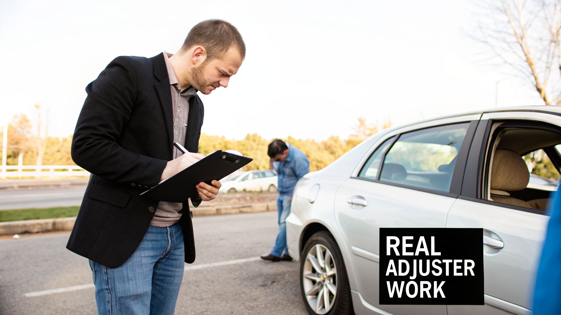 An auto damage adjuster inspects a damaged car and writes on a clipboard after an accident.