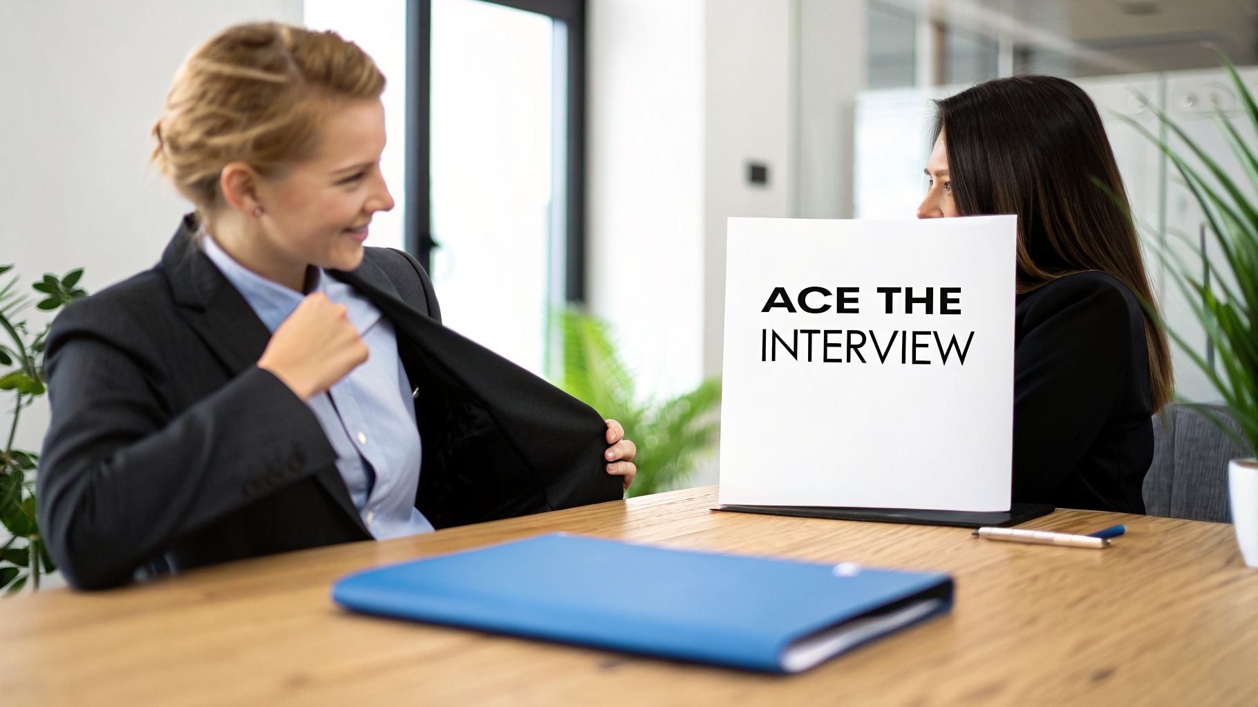 Two professional women in an office, one holding a sign that reads 'ACE THE INTERVIEW'.