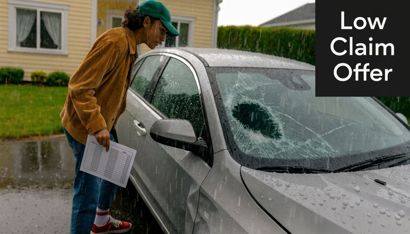 An insurance adjuster examines a silver car with a cracked windshield in the rain while holding documentation.