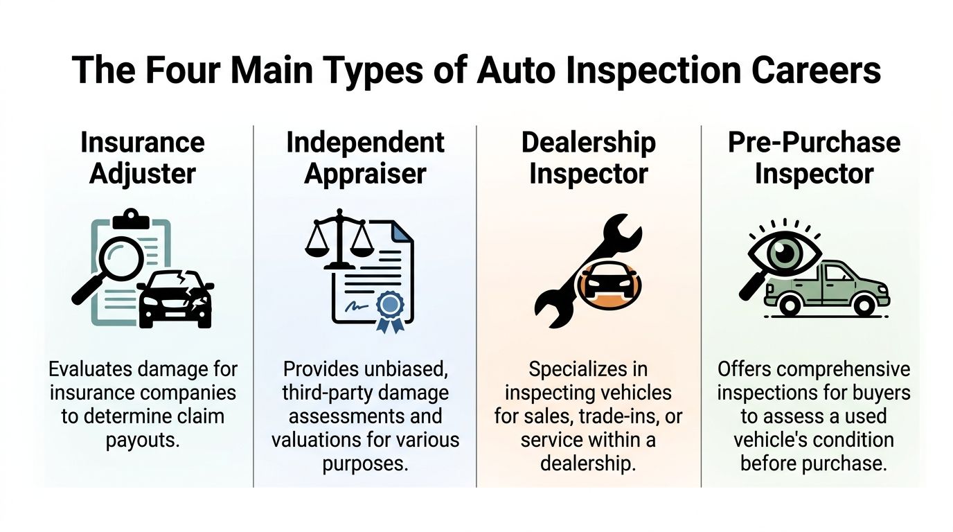 A chart illustrating the four main types of auto inspection careers: Insurance Adjuster, Independent Appraiser, Dealership Inspector, and Pre-Purchase Inspector.