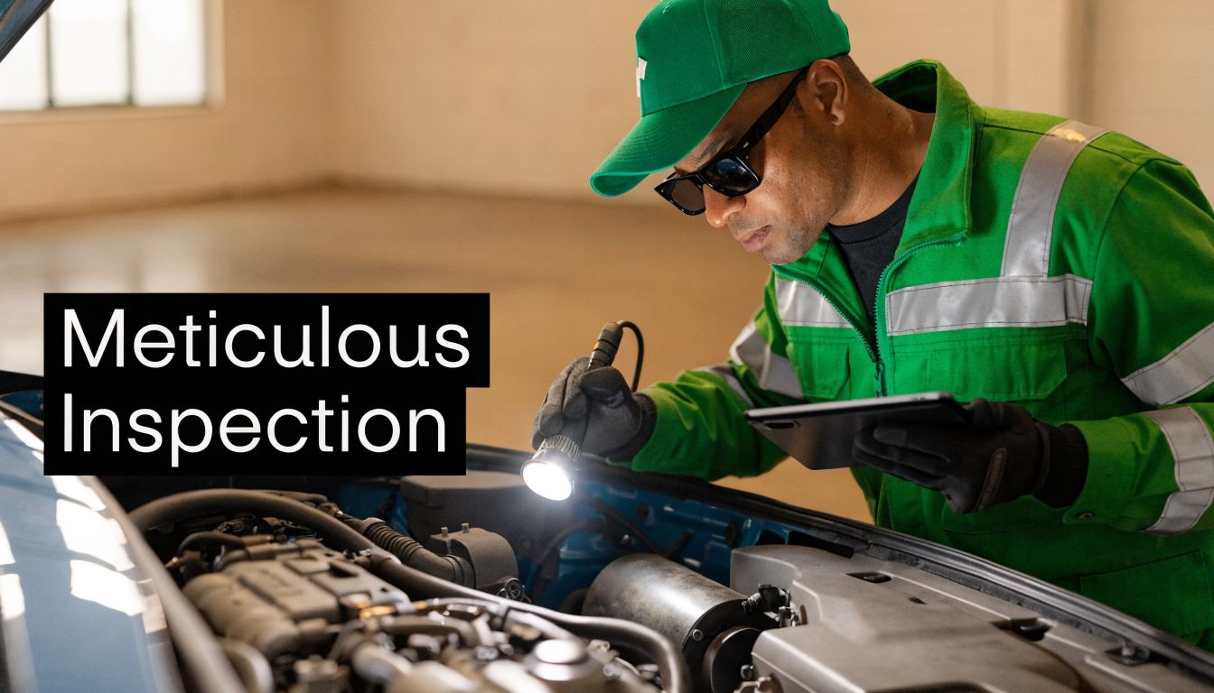 A professional mechanic in a green uniform using a flashlight and tablet for a vehicle engine inspection.