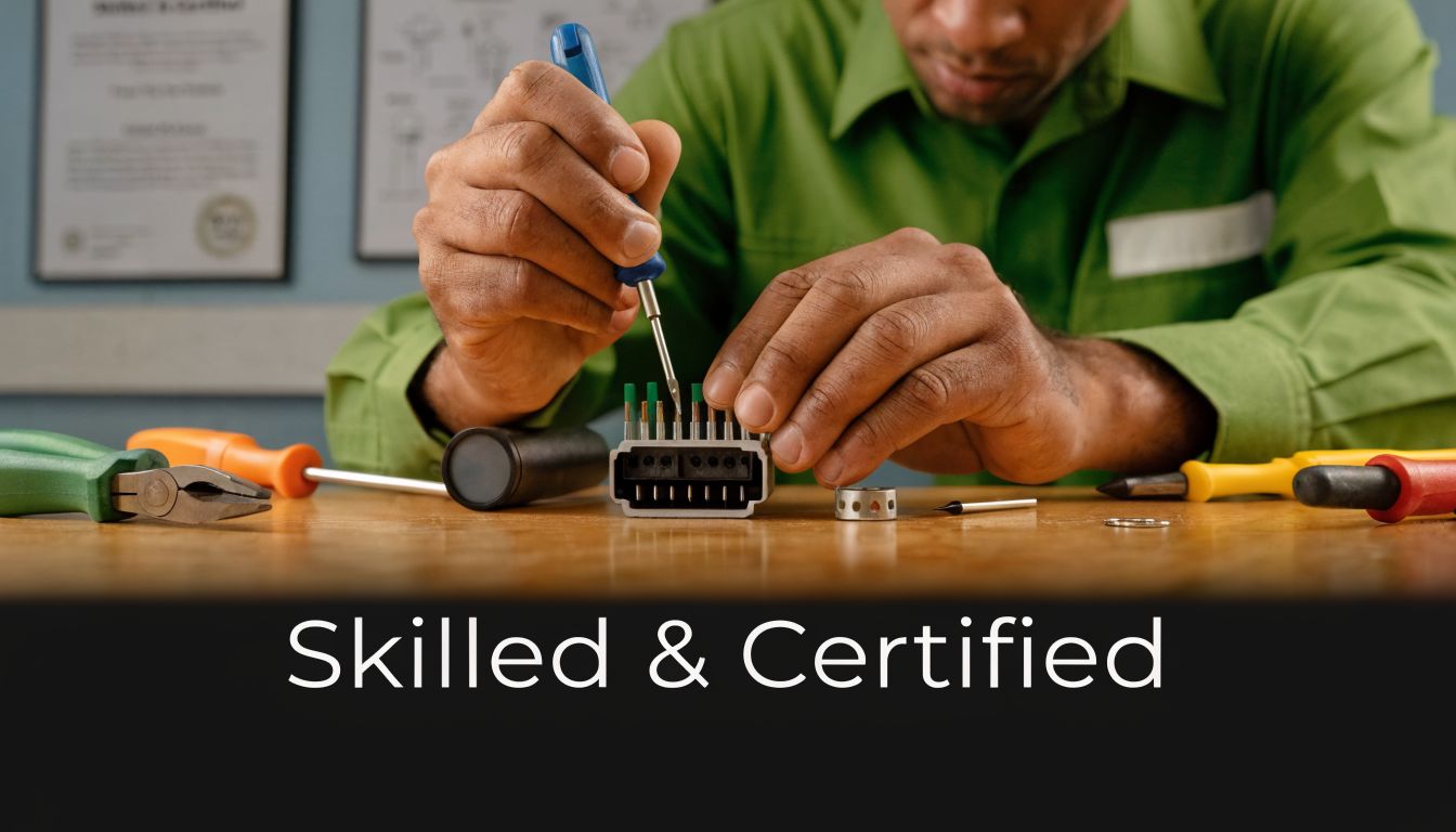 A professional automotive technician in a green shirt carefully working on electronic components with specialized hand tools.