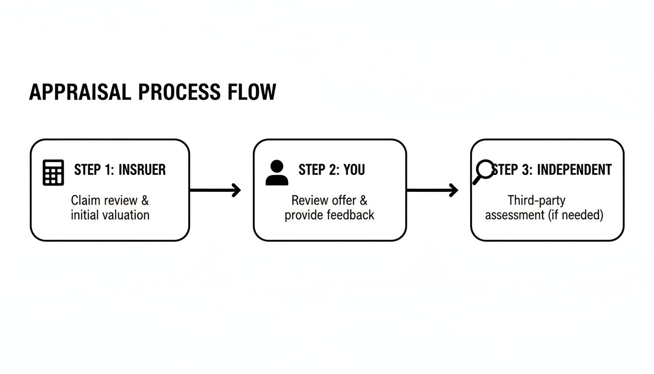 Flow chart detailing a three-step appraisal process: insurer's initial valuation, your review, and optional independent assessment.