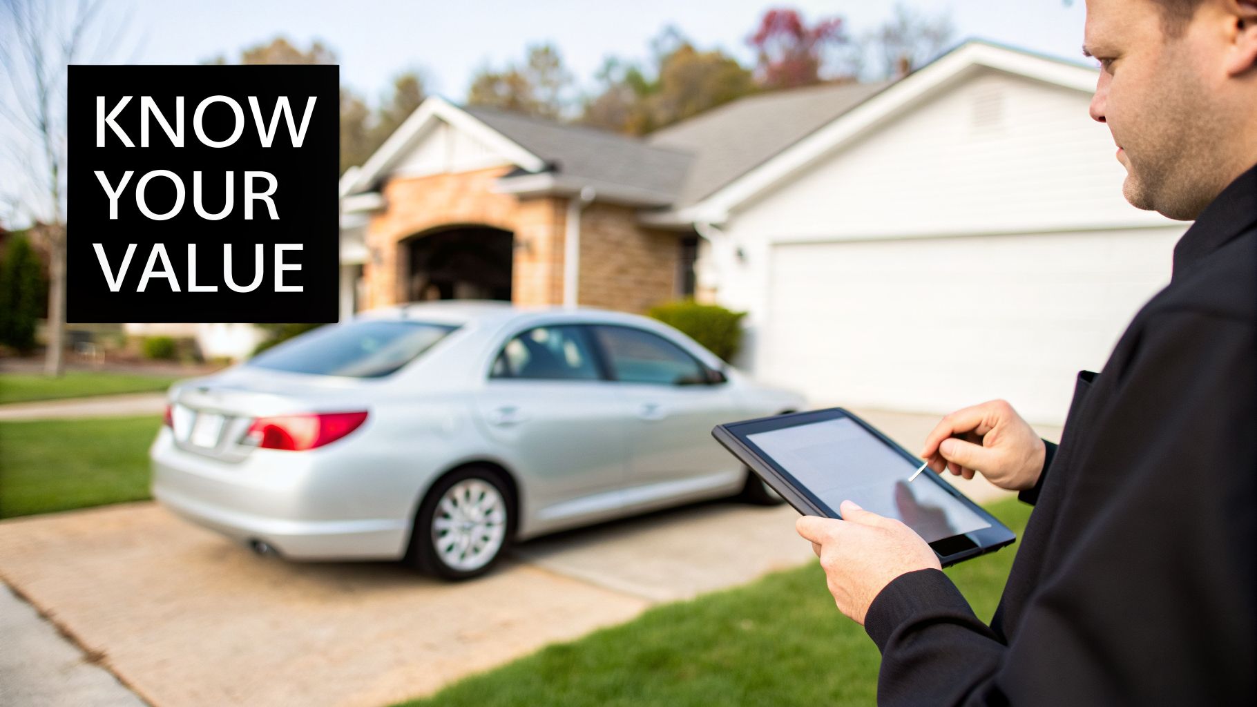 Man uses a tablet outside a house with a silver car, and a 'KNOW YOUR VALUE' text overlay.