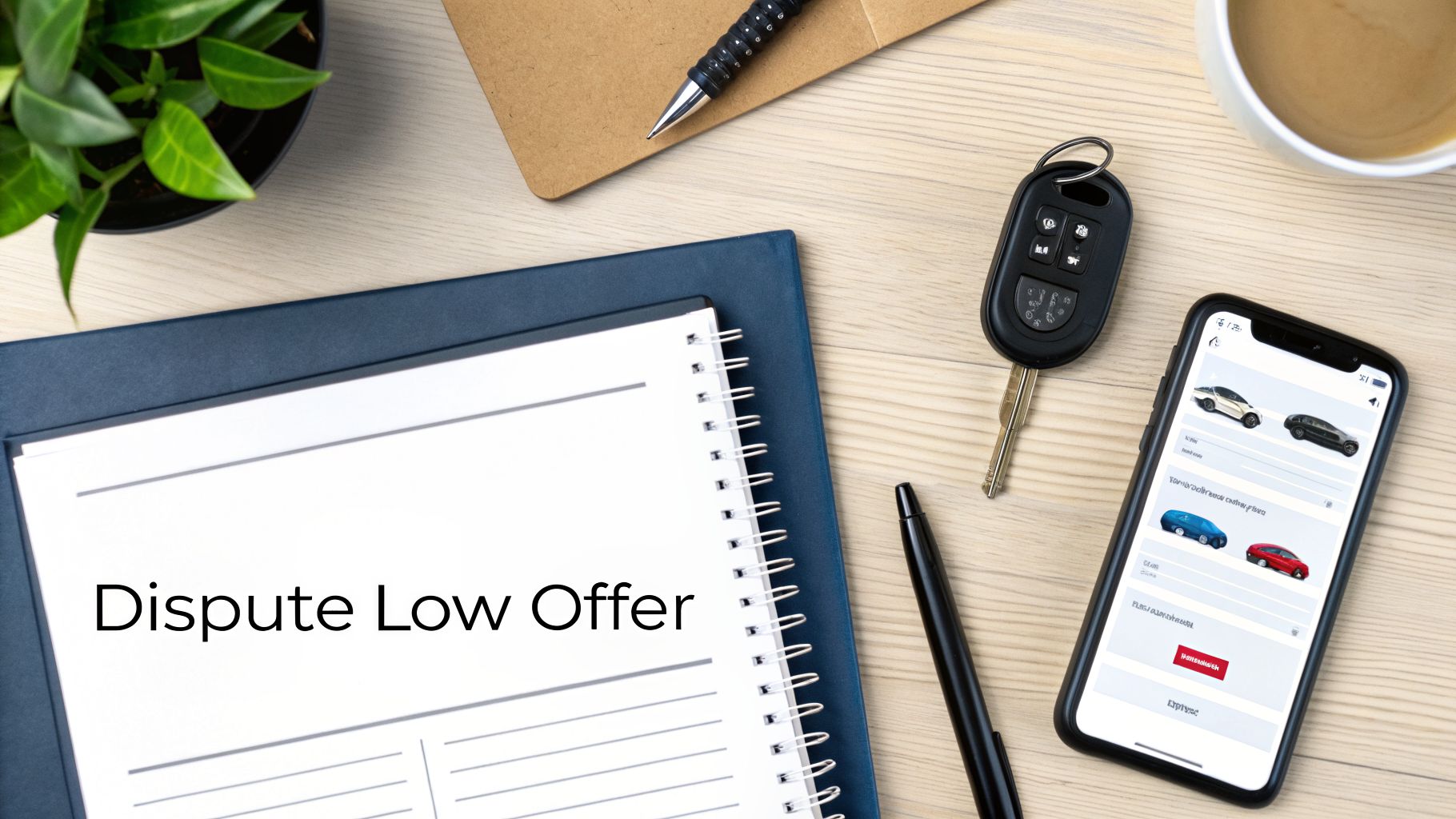 Overhead view of a desk with a notebook displaying 'Dispute Low Offer', a car key, and a smartphone showing car listings.