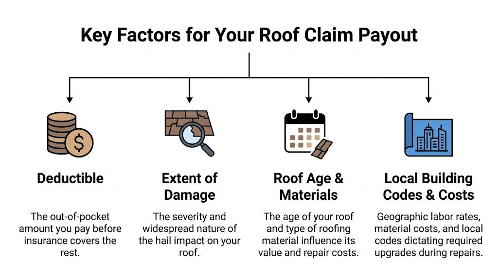 An infographic showing four key factors that influence an insurance claim payout for a damaged roof.