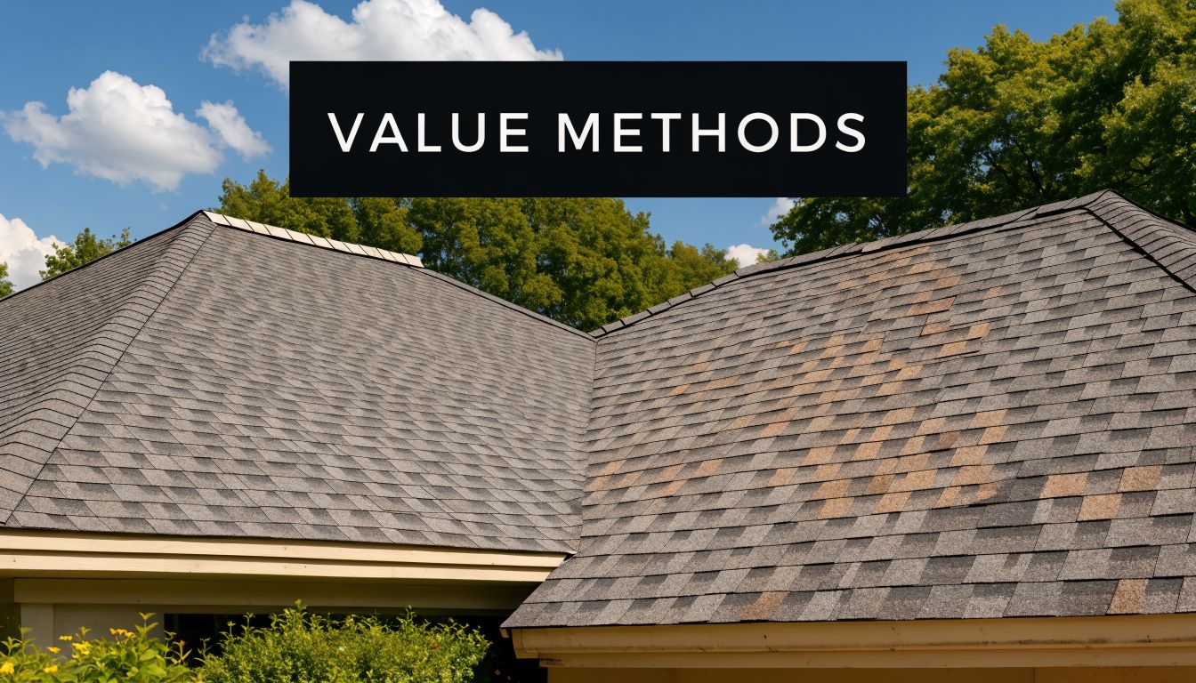 A house roof with visible shingles damage from a recent hail storm during a sunny day.
