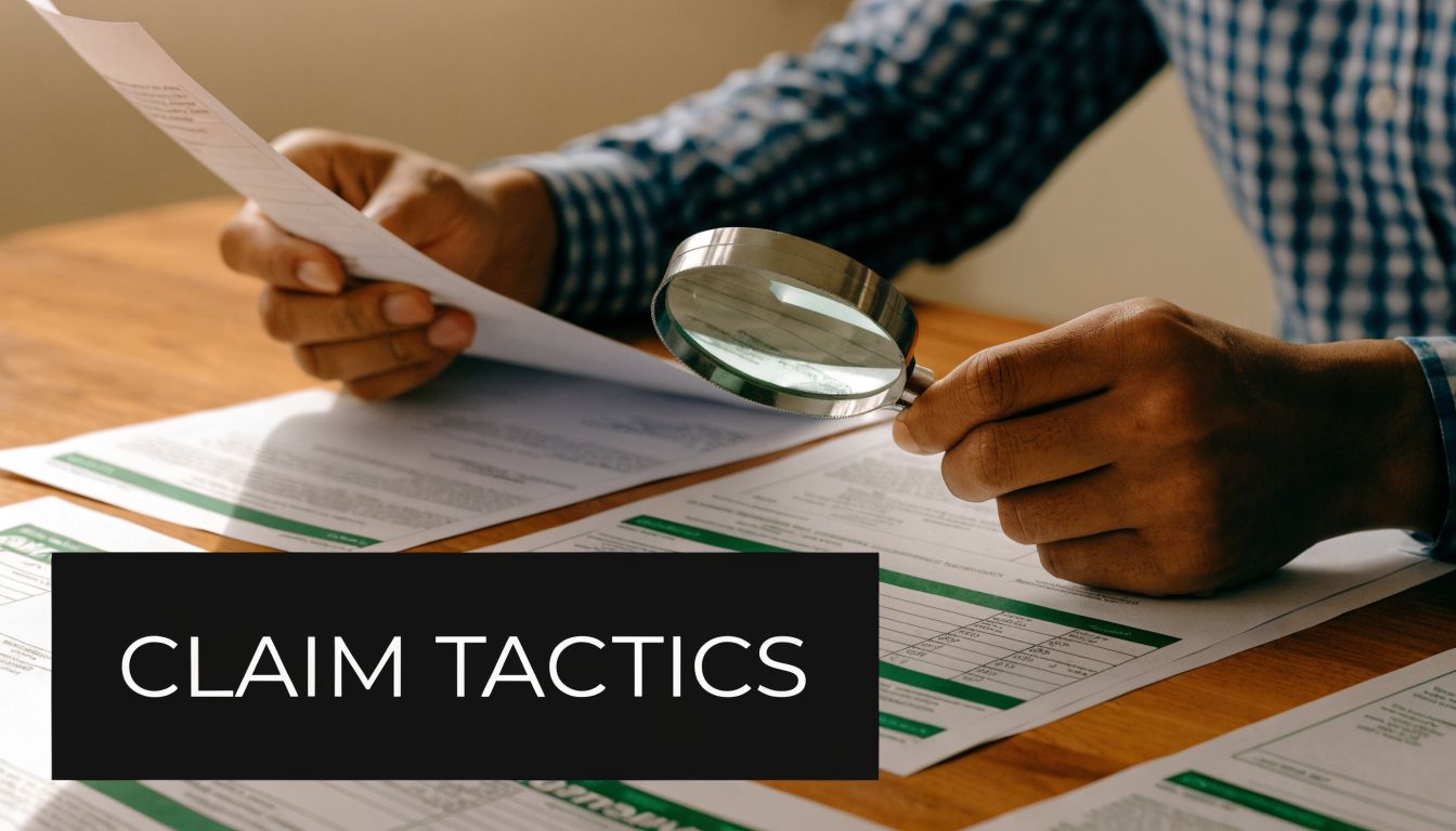 A professional analyzing insurance documents with a magnifying glass to investigate potential claim tactics.