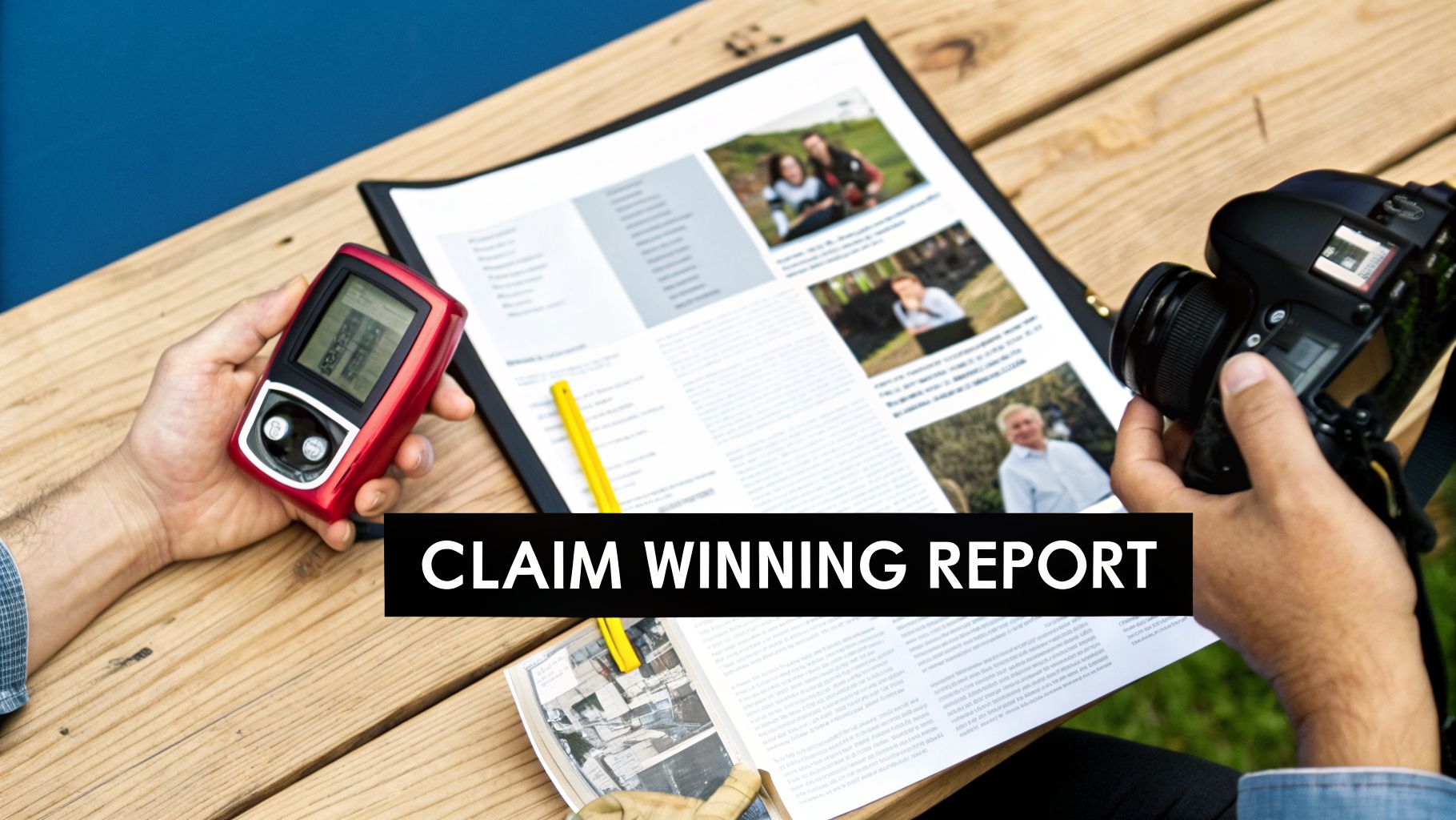 Hands holding a red inspection device and a camera over a detailed report on a wooden table.