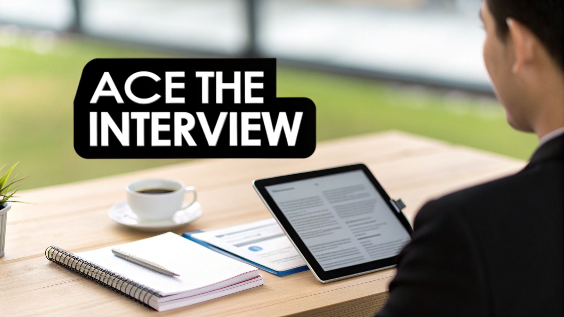 A person is preparing for an interview, reading on a tablet with a notebook and coffee on a wooden table.