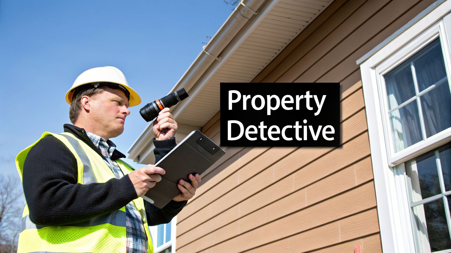 Property inspector in a hard hat and safety vest examining house siding with a device and clipboard.