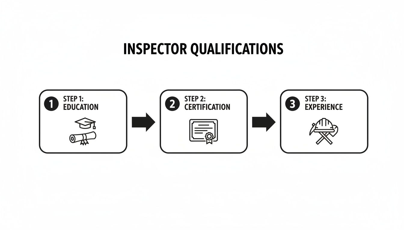Infographic shows three steps to become an inspector: education, certification, and experience.