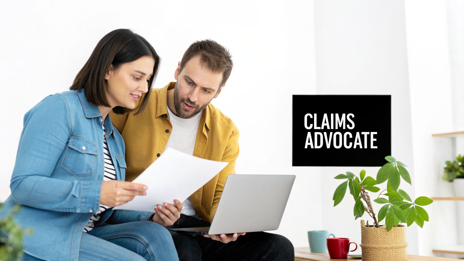 A man and woman review documents and a laptop, with text 'CLAIMS ADVOCATE' on a black sign.