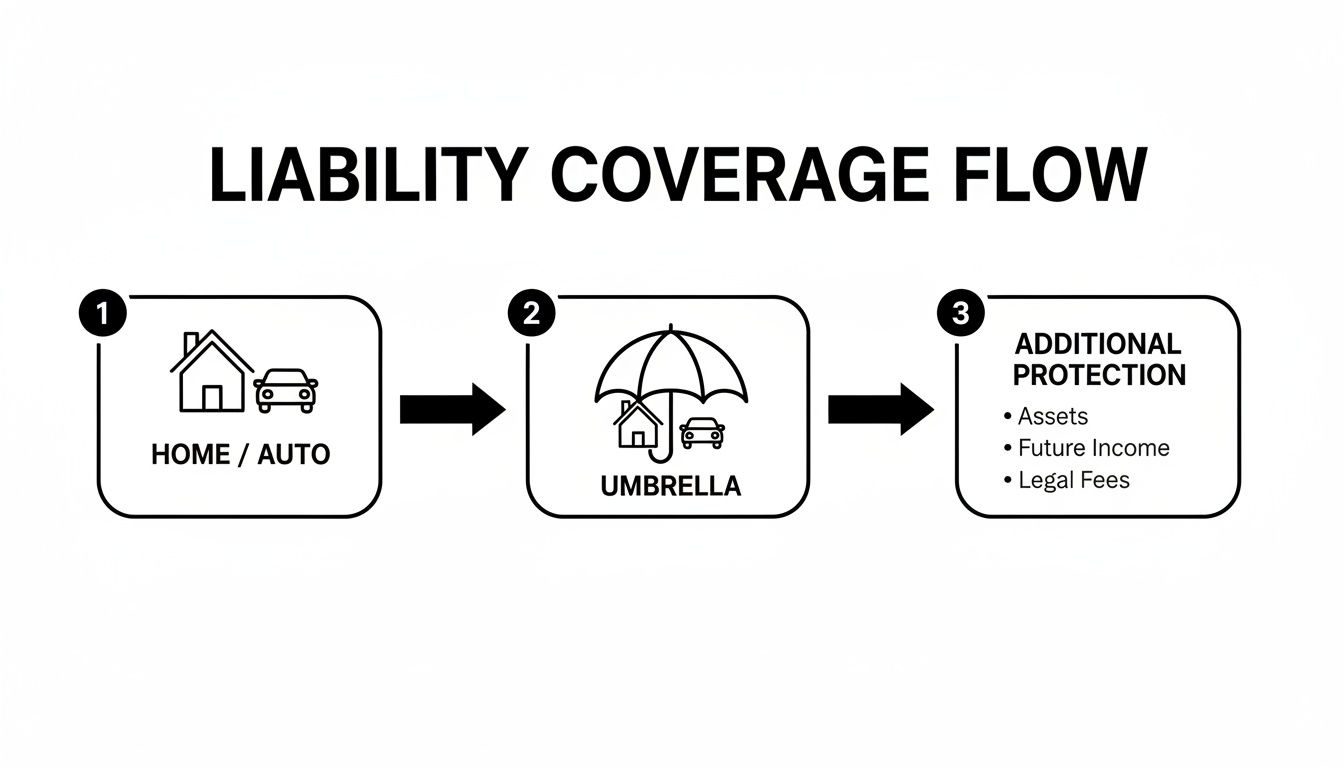 Flowchart showing liability coverage from home/auto to umbrella insurance, protecting assets, income, and legal fees.
