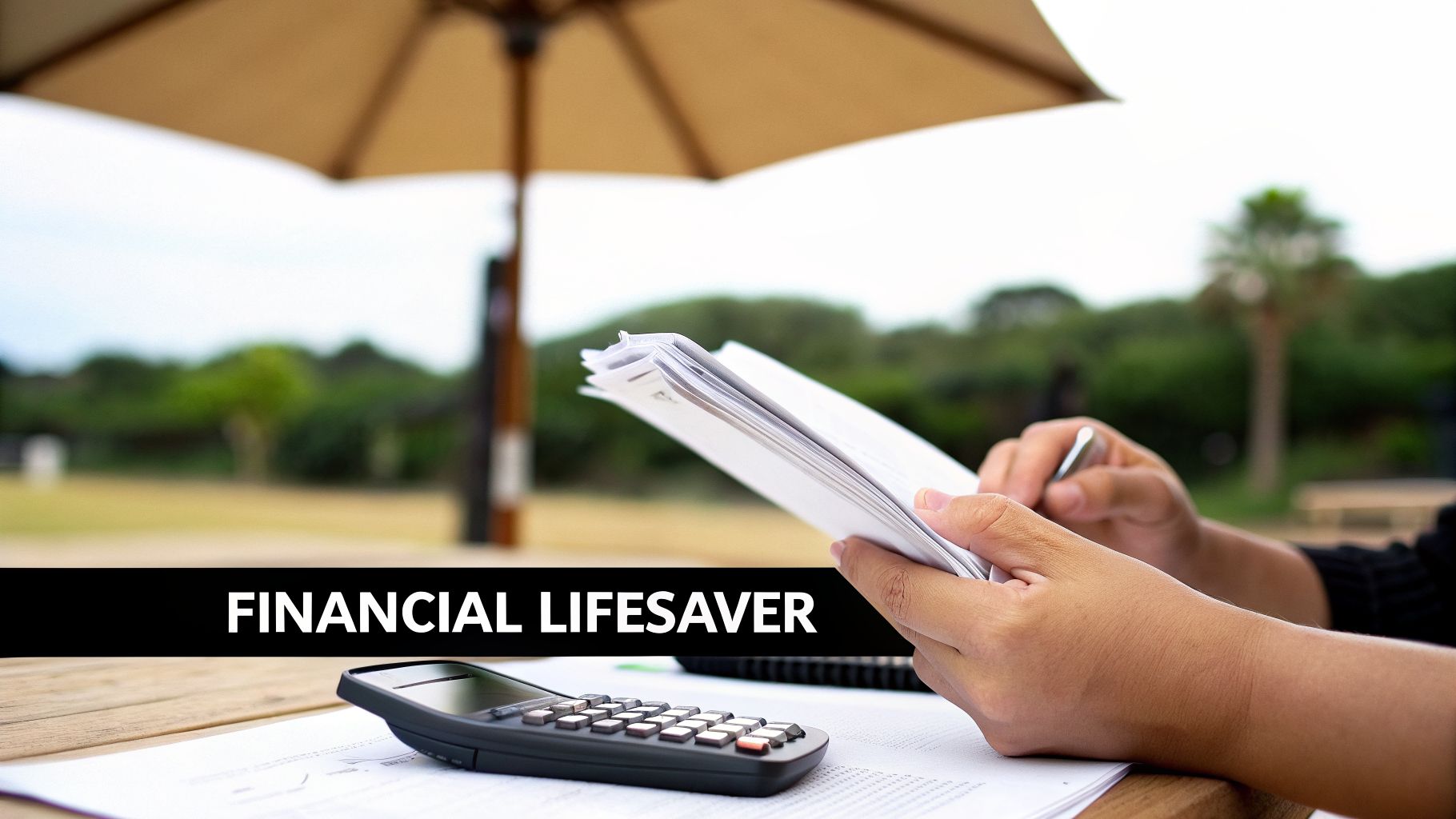 Person calculating finances outdoors under an umbrella with a calculator and documents, representing financial planning.