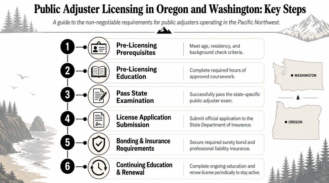A visual guide outlining the six key steps for obtaining a public adjuster license in Oregon and Washington.