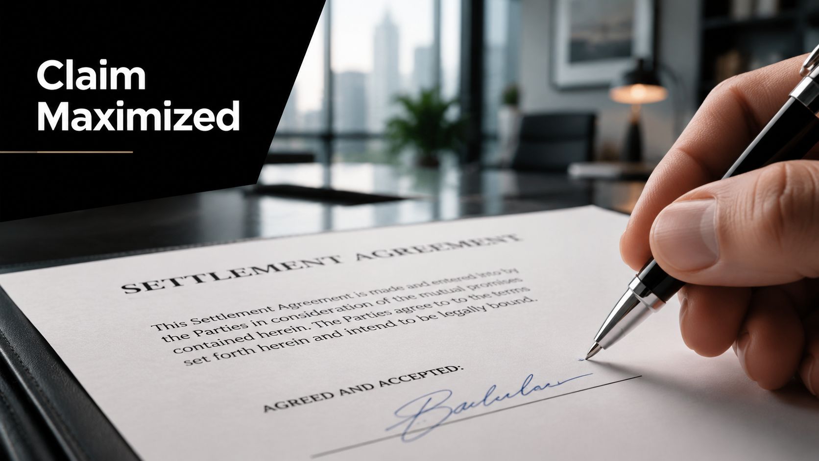 A close up view of a hand signing a legal settlement agreement document with a pen.