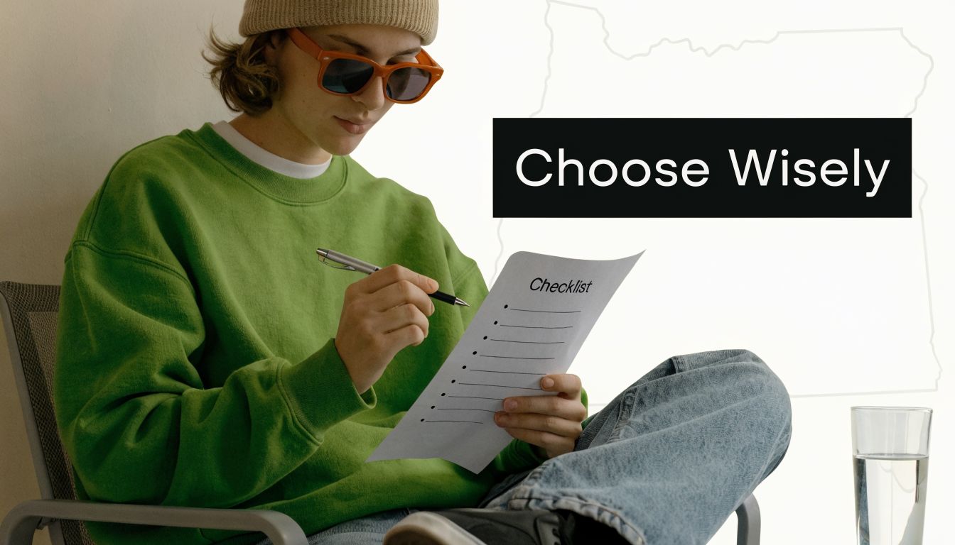 A person wearing a beanie and orange sunglasses filling out a checklist while sitting in a chair.