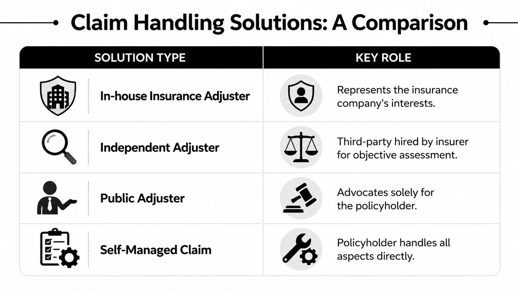 A comparison chart outlining the four different types of claim handling solutions and their primary roles.