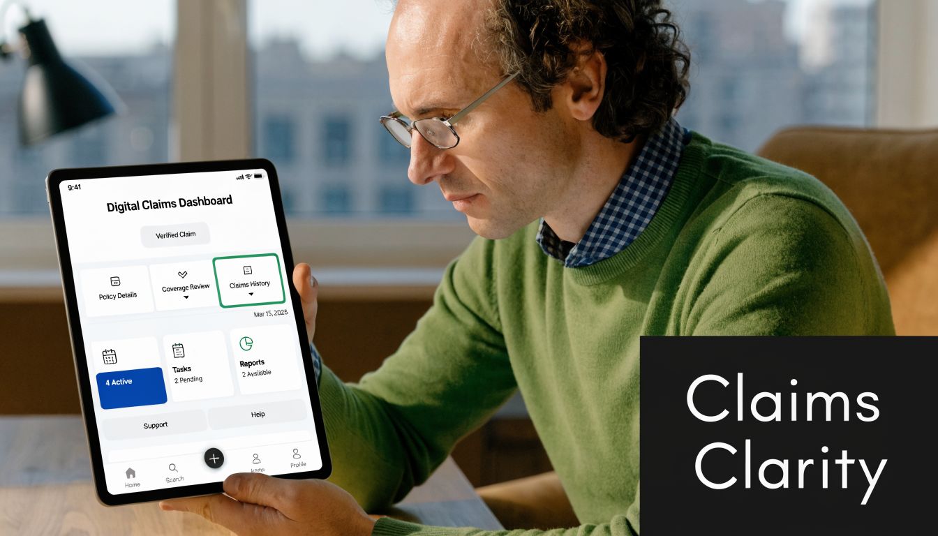 A professional man holding a tablet displaying a digital claims management dashboard interface at a desk.
