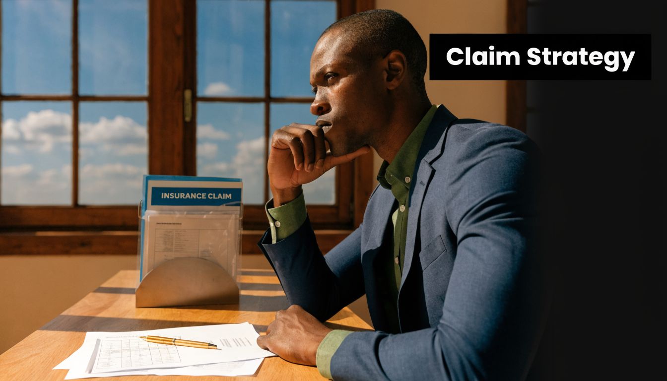 A professional man in a suit contemplates an insurance claim document while sitting at a desk.