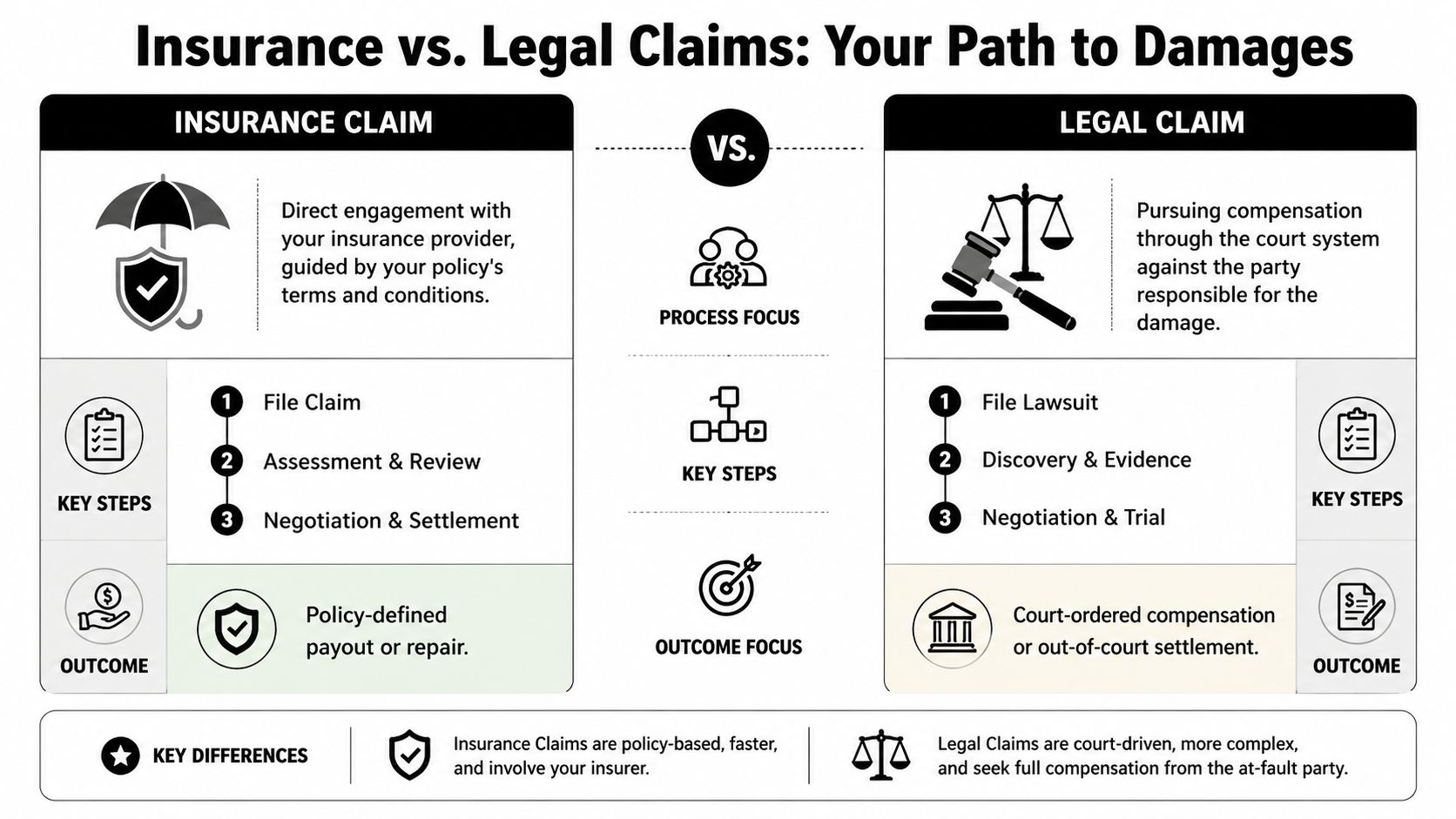 A comparison chart outlining the differences and key steps between filing insurance claims and legal claims for damages.