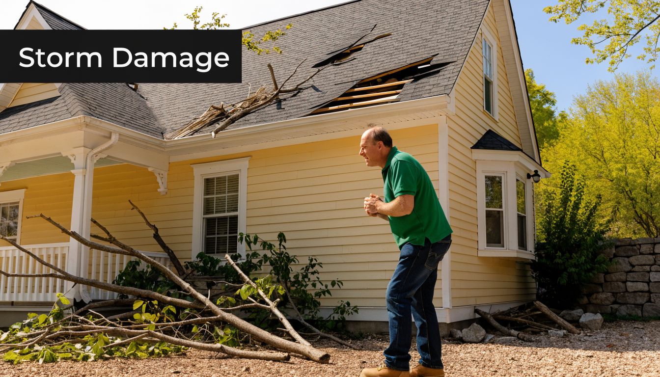 A man in a green shirt stands outside a house with significant storm damage to its roof.