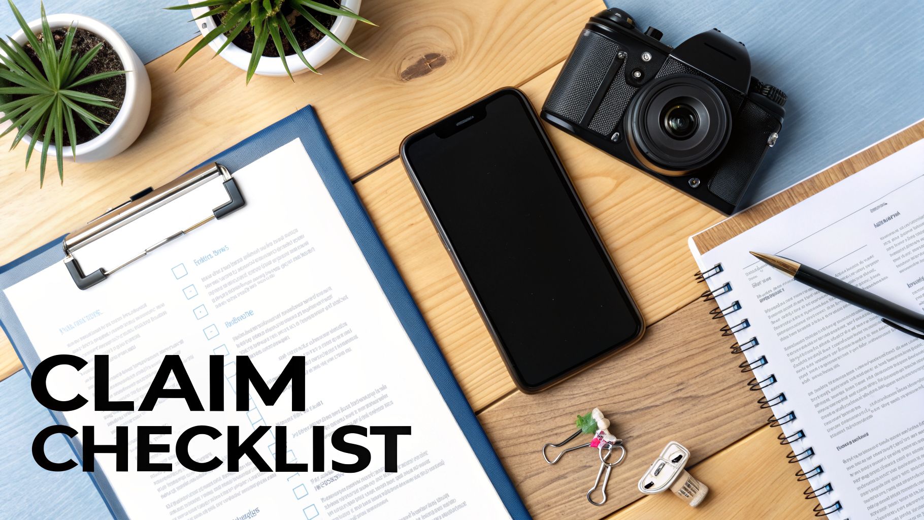 Flat lay of a desk with a claim checklist document, smartphone, camera, notebook, and plants.